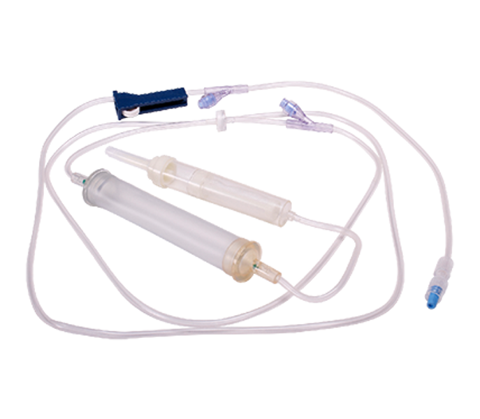 Transfusion Pump Set with Flexible Chamber, 2 x Needleless Access Sites and a Non-Return Valve