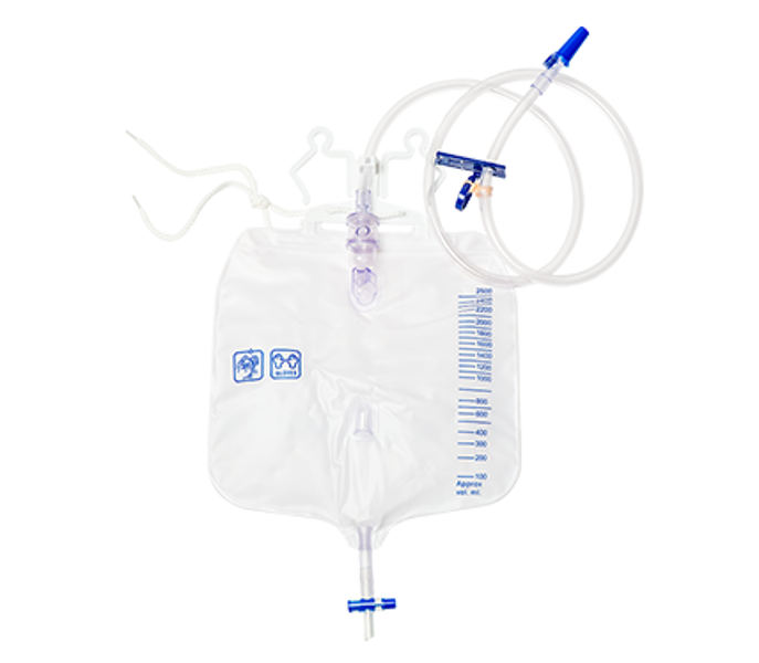 2500mL Urine Bag NRV, Integrated Hanger, 120cm Tubing