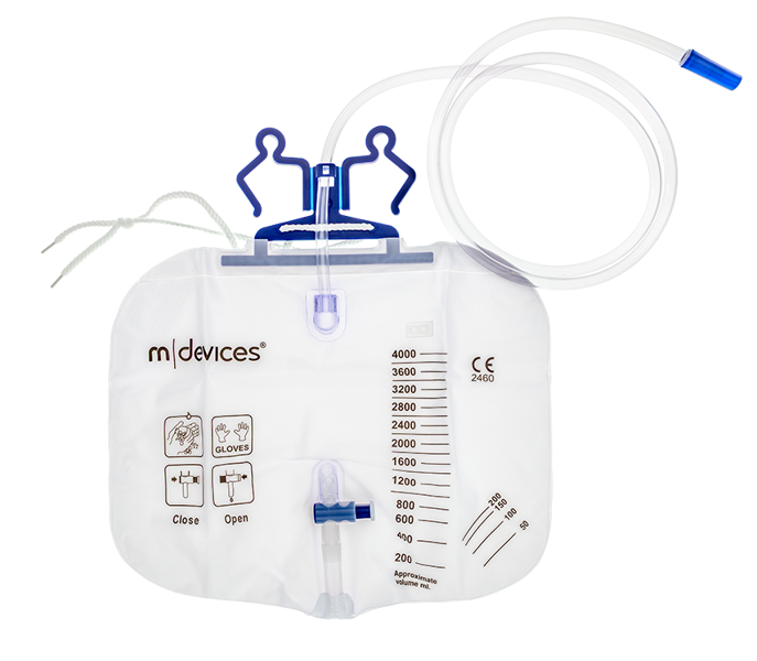 Continence Care - Urine Bag - 4000mL T-Tap Non-Return Valve Integrated Hanger and Rope 150cm Tubing